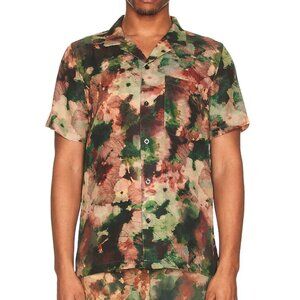 WAO Button Up Camp Shirt Short Sleeve in Olive Brown Abstract NWT